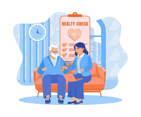 Female doctor sitting with an elderly patient. Explain the results of examinations and medical examinations. Doctor Talking To Elderly Patient Concept. Flat vector illustration.