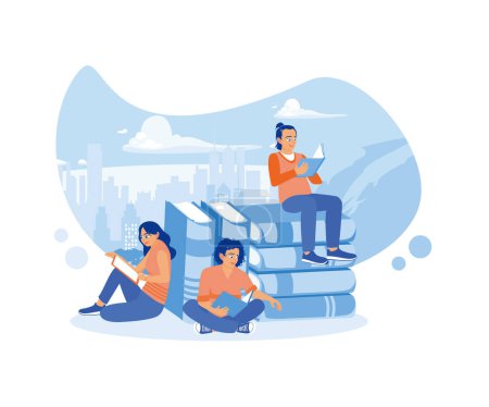 People read books while sitting on a large stack of books. Reading books to take part in a literary festival. Students in the learning process. flat vector modern illustration