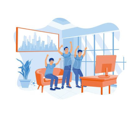 Illustration for Three football fans watching a match on television. Shout out and be happy when your favourite team wins. Celebration concept. Flat vector illustration. - Royalty Free Image