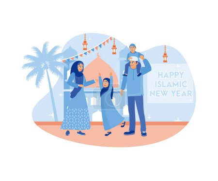 Glückliche muslimische Familie feiert das islamische Neujahr. Fahnen und Laternen schmücken die Moschee. Ramadan Kareem Konzept. Flacher Vektor moderne Illustration.
