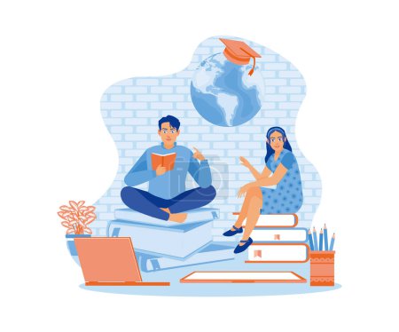 Illustration for Two students sitting on a pile of books. Read and study together using a laptop. Team of people sitting at desks with laptops concept. Flat vector illustration. - Royalty Free Image
