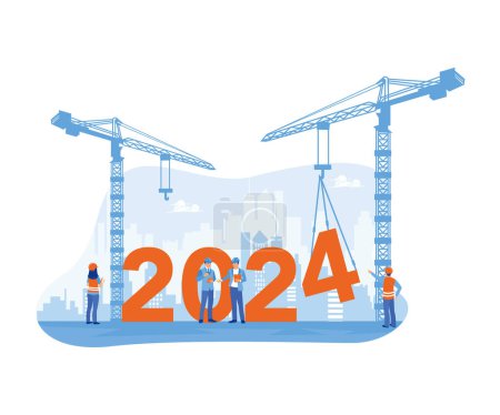Construction workers stack the numbers 2024 with a crane. Welcome to the new year at the building site. Business in the New Year 2024 concept. Trend Modern vector flat illustration