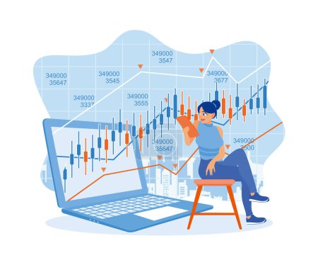 Broker investors analyze indices. Female trader analysts examine stock market trading indices. Stock Trading concept. Flat vector illustration.