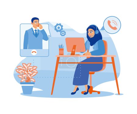 Ilustración de Una mujer en Hijab trabajando en la oficina del centro de llamadas. Hablar con los clientes usando el sistema de calefacción delante de la computadora. Mujer con llamadas telefónicas al concepto de servicio de atención al cliente. vector plano ilustración moderna - Imagen libre de derechos
