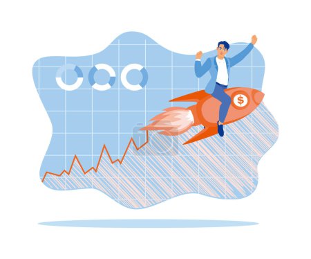 Illustration for Young businessman riding a rocket. Analyze profitable new business investments. Successful career take of concept. flat vector modern illustration - Royalty Free Image