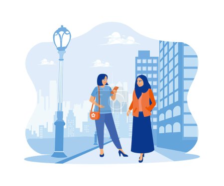 Téléchargez les illustrations : Une femme portant un hijab marche avec son amie dans une rue de la ville. Bâtiments urbains comme arrière-plan. Joyeux calme concept de bénévole paisible fille. Tendance Illustration plate vectorielle moderne - en licence libre de droit