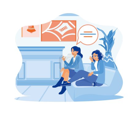 Illustration for Smiling female friends gossiping while sitting on the sofa at home. Happy women spending time together having a friendly conversation. Smiling woman friends drinking tea at home. flat vector modern illustration - Royalty Free Image