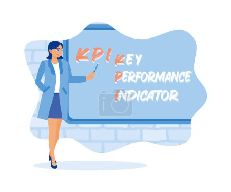 Empresaria informa a los empleados sobre los KPI en la oficina. Concepto inteligente de KPI. vector plano ilustración moderna