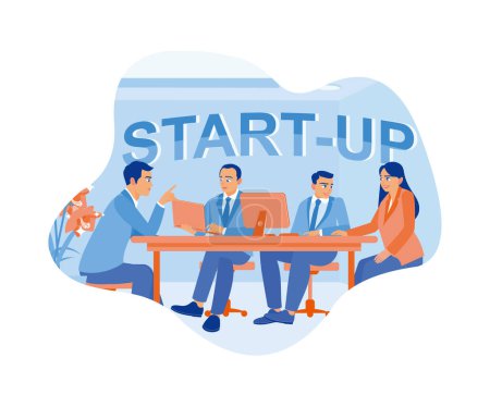 Illustration for Business team having a meeting in office. Discussing start-ups and working together in the boardroom. Team of people sitting at desks with laptops concept. Flat vector illustration. - Royalty Free Image