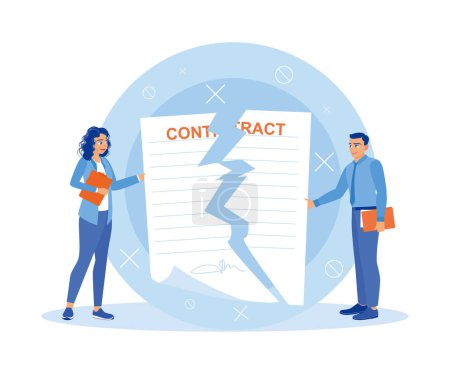 Illustration for Two business people in the office cancel the business contract they had signed together. Contract agreement concept. Flat vector illustration. - Royalty Free Image
