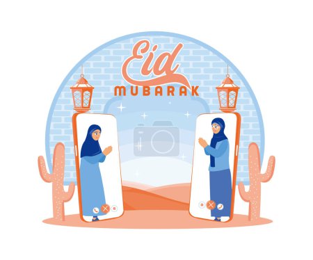 Ilustración de Dos mujeres musulmanas celebran el Eid juntas. Discúlpense durante una videollamada en un teléfono celular. Feliz concepto de Eid Mubarak. vector plano ilustración moderna - Imagen libre de derechos