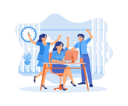 Illustration for Business teams celebrate success together by cheering and raising hands after seeing news on the computer. Happy business team, colleagues are rejoicing in the success concept. Flat vector illustration. - Royalty Free Image