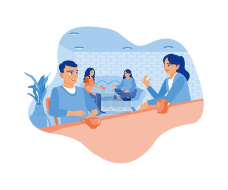 A group of happy young students drinking coffee together in the kitchen, laughing and smiling as they grow up around a wooden table. Smiling woman friends drinking tea at home. flat vector modern illustration