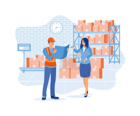 Illustration for The warehouse manager signs the bill of landing after receiving the goods. Woman checking merchandise in the warehouse. Order Confirmation concept. Flat vector illustration. - Royalty Free Image