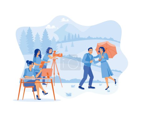 Female director talking to the assistant during filming. A female cameraman recording a scene of two film models outdoors. Film Production Concept. Flat vector illustration.