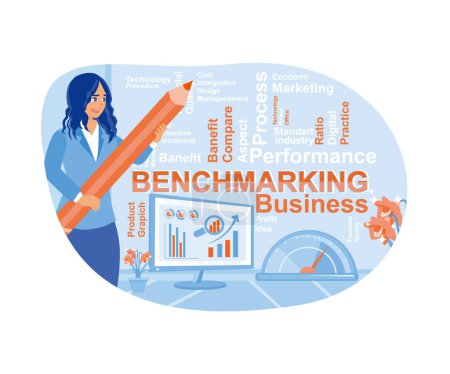 Illustration for Young women analyze and compare company finances using graphs and indicators. Benchmarking concept. flat vector modern illustration - Royalty Free Image