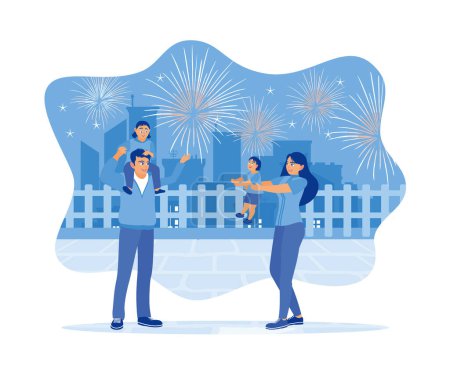 Illustration for Happy family watching fireworks together at night. Celebrating new year's eve. Celebration concept. Flat vector illustration. - Royalty Free Image