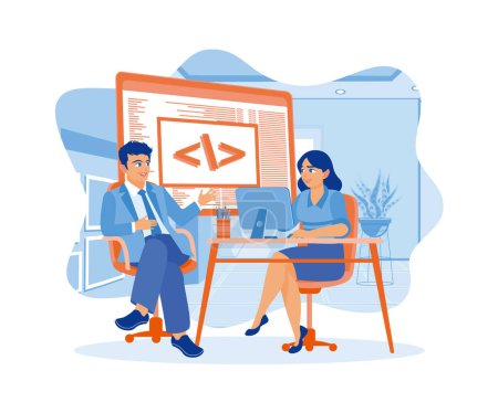 Illustration for Two young designers work at a software development company. Developing programming and coding technology on computers. Software developers concept. Flat vector illustration. - Royalty Free Image