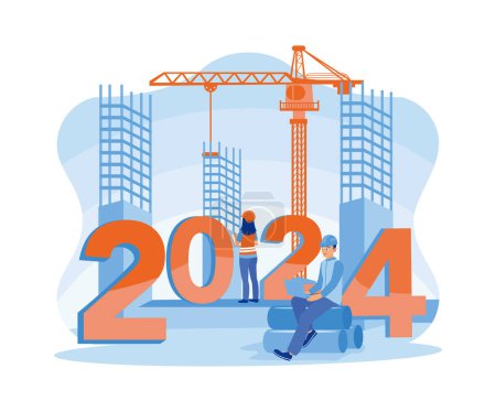 Construction workers are preparing to welcome the new year 2024. Businessman with laptop and documents on building site. Business in the New Year 2024 concept. Trend Modern vector flat illustration