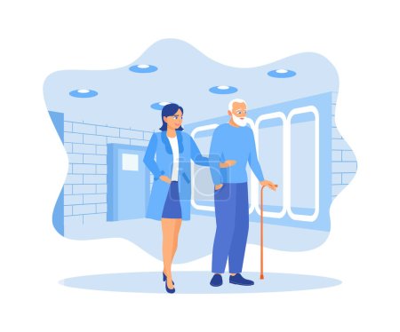 Illustration for Female doctor with male elderly patient practicing walking using a cane in a nursing home. Elderly Patient concept. Flat vector illustration. - Royalty Free Image