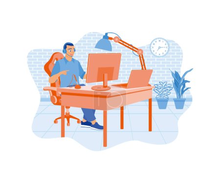 Ilustración de Programador masculino trabajando mientras escucha música. Desarrollar software utilizando computadoras y portátiles. Concepto de desarrolladores de software. vector plano ilustración moderna - Imagen libre de derechos