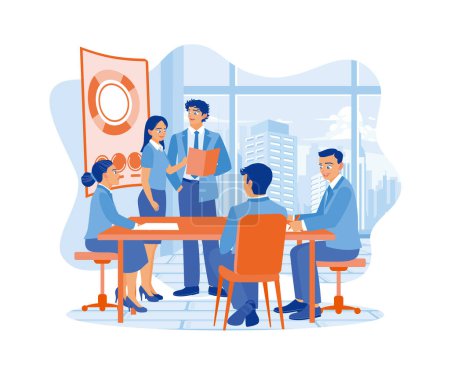 Illustration for CEO and business team holding presentation in the meeting room. Business people in office workplace concept. Flat vector illustration. - Royalty Free Image