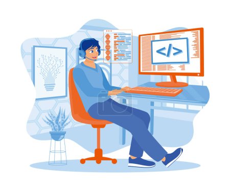 Illustration for A male programmer uses headphones and a microphone in front of the computer. Developing software while working at home. Software developers concept. Flat vector illustration. - Royalty Free Image
