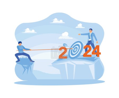Illustration for Businessman trying to achieve the target in 2024. Working hard, solving business problems. Business in the New Year 2024 concept. Trend Modern vector flat illustration - Royalty Free Image