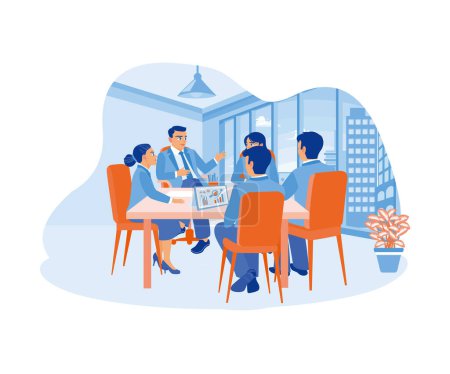 Illustration for A male leader who works and communicates while sitting in the office with his colleagues. Discuss work. A team of people is sitting at desks with laptop. flat vector modern illustration - Royalty Free Image