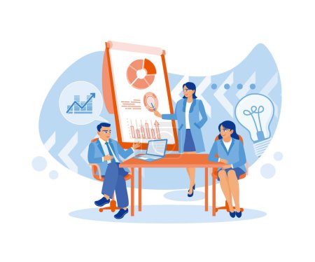Illustration for Advertising agency workers meet customers in the office. Woman standing in front of a board. Business promotion strategy, digital marketing, communication process abstract metaphor. Agency worker meeting a client. flat vector modern illustration - Royalty Free Image