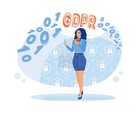 A woman working with information is standing and holding a mobile phone in her left hand. General Data Protection Regulation. The General Data Protection Regulation or GDPR Concept. flat vector modern illustration