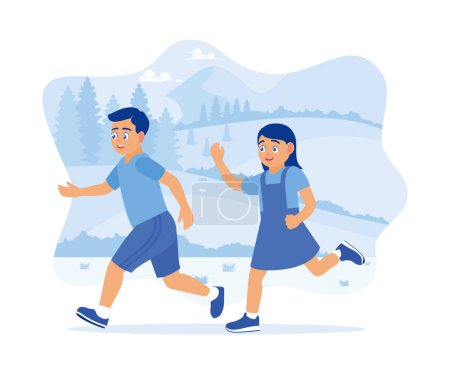 Boys and girls run around the field. Playing around during school holidays. Childrens concept. flat vector modern illustration