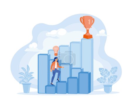Illustration for Woman climbs the ladder with new ideas to achieve success. Success Business concept. Flat vector illustration. - Royalty Free Image