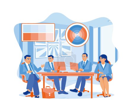 Illustration for Business team meeting at the conference table. Exchange ideas to plan and develop new business projects. Teamwork meeting concept. Flat vector illustration. - Royalty Free Image