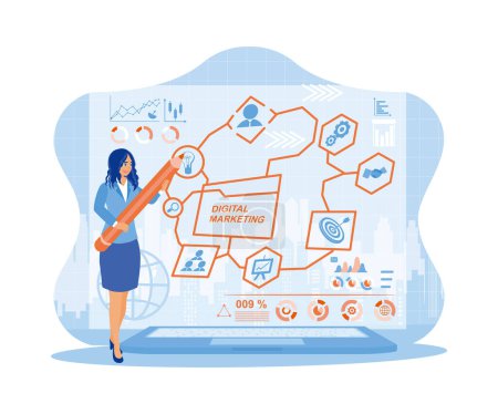 Illustration for A businesswoman is making a digital marketing strategy plan on the laptop screen. A woman is standing in a background of sketchy urban buildings. Digital marketing networking on modern interface concept. trend flat vector modern illustration - Royalty Free Image