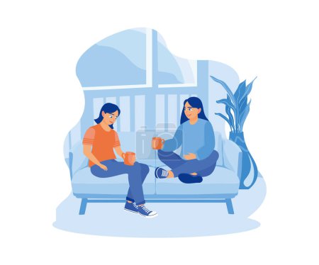 Illustration for Two Women Relaxing On Sofa With Hot Drinks In New Home. Smiling woman friends drinking tea at home. flat vector modern illustration - Royalty Free Image