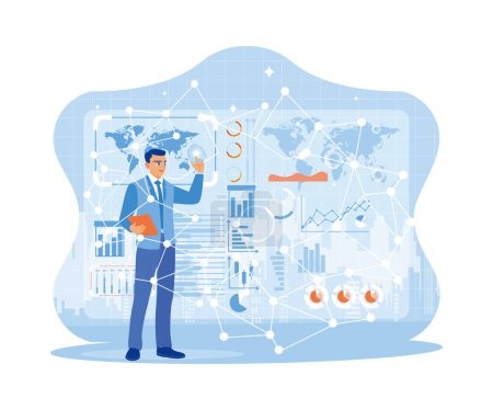 Illustration for Businessman using a digital tablet with a network connection link on the screen. Analyze global marketing on a virtual screen. Digital marketing networking on modern interface concept. trend flat vector modern illustration - Royalty Free Image