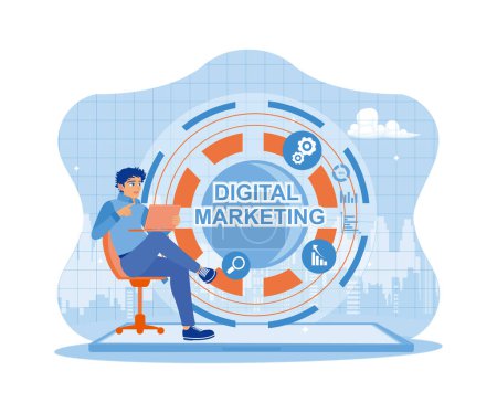 Illustration for Young man working on laptop in modern office. Optimize SEO, SMM, SEM, and online advertising search engines to improve marketing. Digital marketing networking on modern interface concept. trend flat vector modern illustration - Royalty Free Image