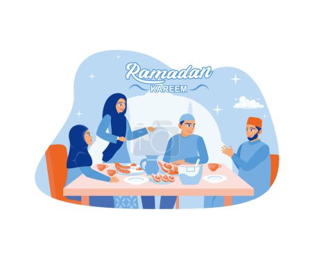 Muslim families break the fast together during the month of Ramadan. Various foods are available on the dining table. Ramadan Kareem concept. Flat vector modern illustration.