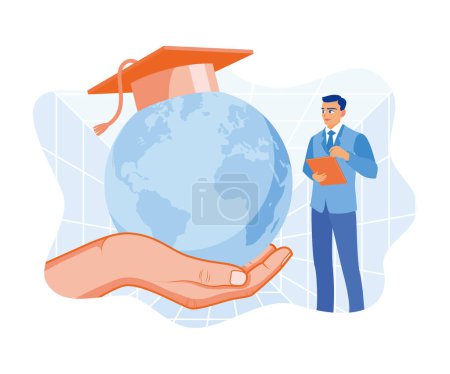 Illustration for Hand holding a globe with a graduation cap on top. Man using tablet following global business studies. Education concept. flat vector modern illustration - Royalty Free Image