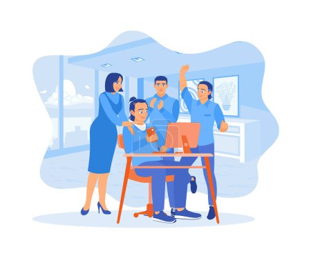 Illustration for A group of employees celebrating success together at work. They look happy and enthusiastic. Happy business team, colleagues are rejoicing in the success concept. Flat vector illustration. - Royalty Free Image