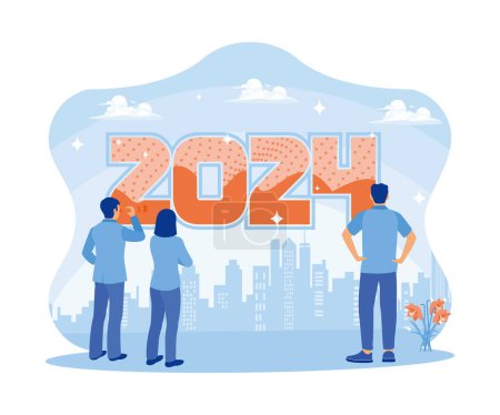 Business people standing in front of the number 2024. Looking at business opportunities and difficulties in the year ahead. Business in the New Year 2024 concept. Trend Modern vector flat illustration