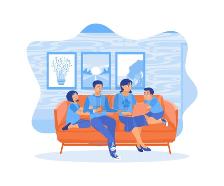 Happy young parents sitting with their two children on the sofa. They spent the weekend watching movies on the laptop together. A couple of happy, funny parent concepts. Flat vector illustration.