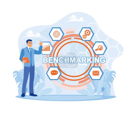 Illustration for Business people use technology, the internet, and network business concepts on a virtual screen. Benchmarking concept. flat vector modern illustration - Royalty Free Image