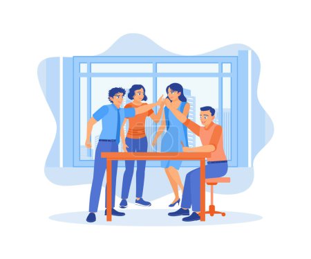 A group of young business people are giving high fives and having fun in the office. Happy business team, colleagues are rejoicing in the success concept. Flat vector illustration.
