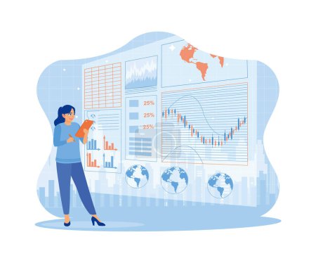 Illustration for Businesswoman using tablet with digital business interface. Analyze marketing concepts globally. Concept of hi-tech and communication. trend flat vector modern illustration - Royalty Free Image