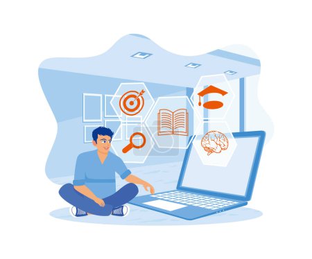 Illustration for Man using a laptop to take online lessons from home. Education icons appear on the laptop screen. Education concept. Flat vector illustration. - Royalty Free Image