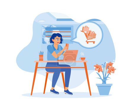 Illustration for Businesswomen shopping online via mobile phone and laptop. Use a credit card for payment. Woman with phone calling to customer support service concept. Flat vector illustration. - Royalty Free Image