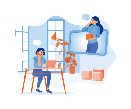 Illustration for Young woman shopping online from home. Receive phone calls from small business owners who will deliver goods. Order Confirmation concept. Flat vector illustration. - Royalty Free Image