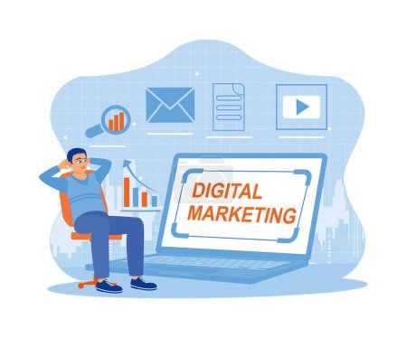 Illustration for Man sitting in front of laptop. Make a plan to improve business marketing with advertising on social media. Digital Marketing Content Concept. trend flat vector modern illustration - Royalty Free Image